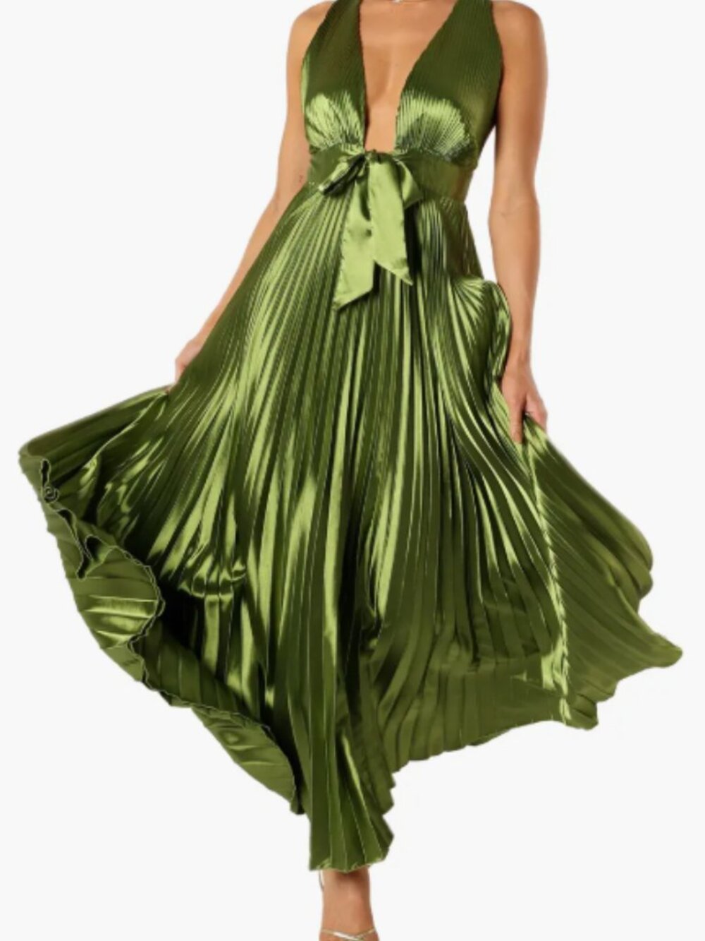 Petal & Pup Kris Plunge Neck Pleated Satin Gown – Olive Green – Small – NWT - Picture 10 of 15